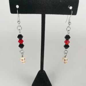 Skull earrings red & black faceted glass beads goth halloween creepy